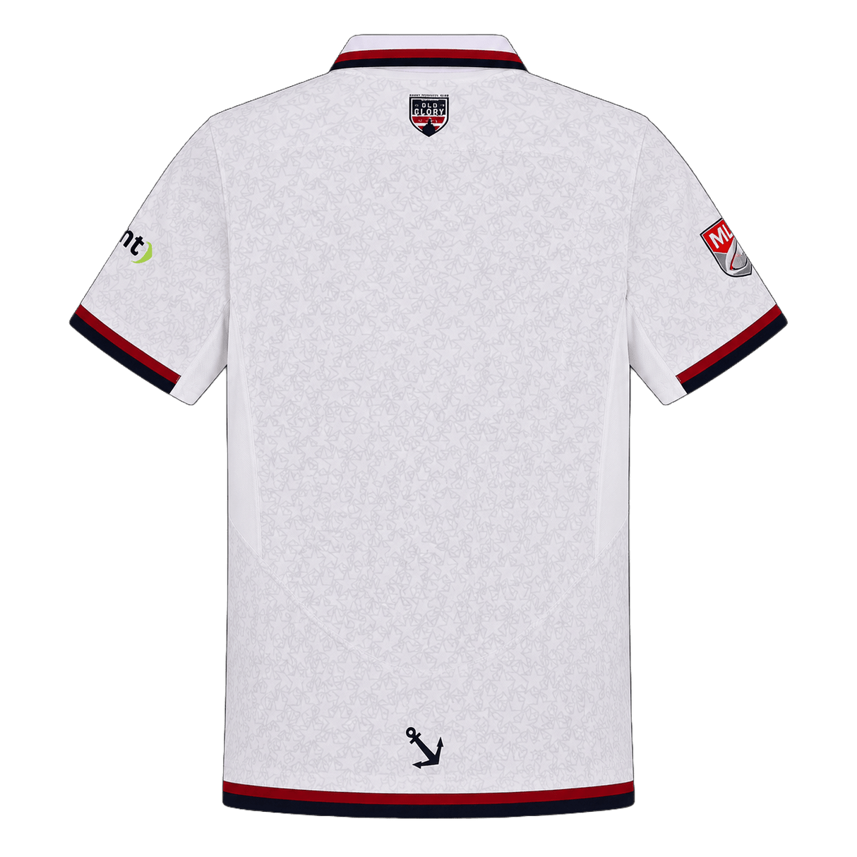 The back of the Old Glory DC MLR 25/26 Replica Away Jersey by Macron features subtle patterns, dark sleeve and hem trim, sponsor logos on both sleeves, and an anchor symbol near the lower hem.