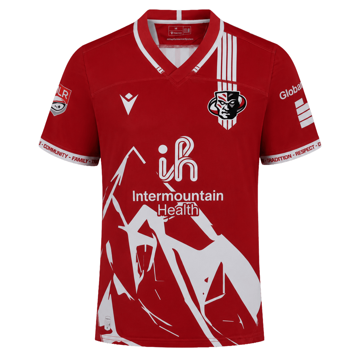Utah Warriors MLR 25/26 Replica Away Jersey by Macron—features a white abstract mountain design, sponsor logos, and a stylized animal logo on the left chest; official Major League Rugby gear by Macron.