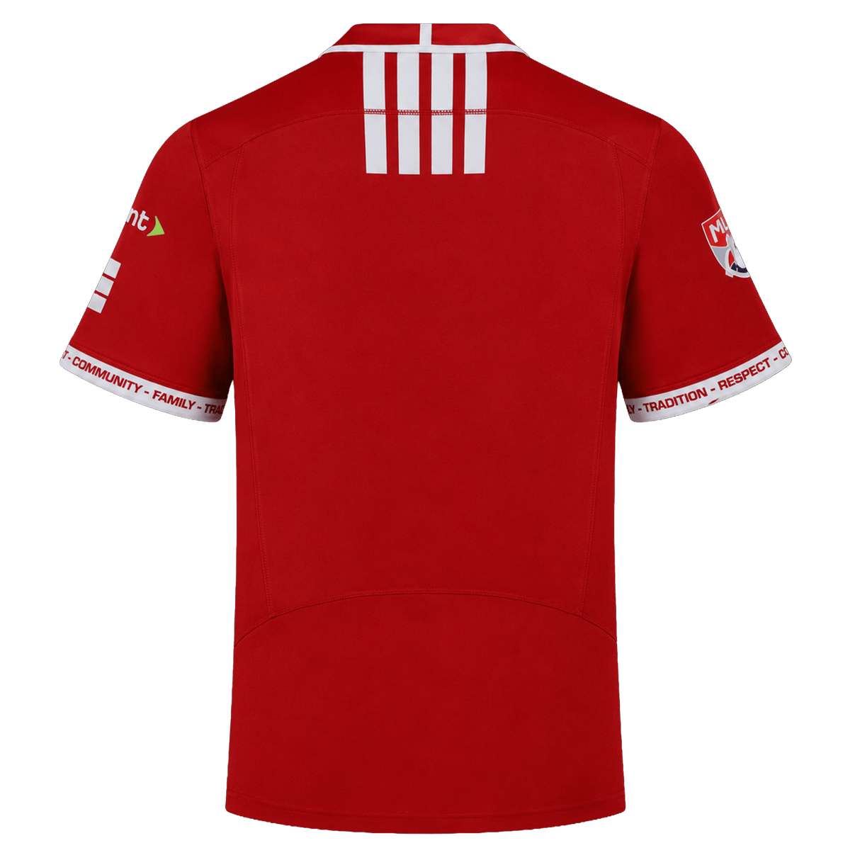 The Utah Warriors MLR 25/26 Replica Away Jersey by Macron is a red, short-sleeved jersey seen from the back, with white stripes near the collar and white text on the sleeve cuffs.