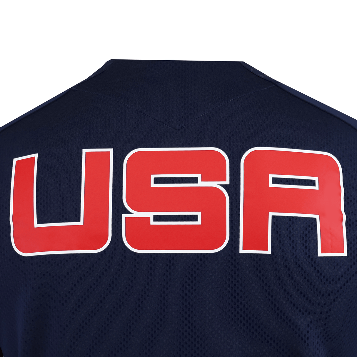 The back of a navy blue USA Rugby 25/26 Training Poly Shirt by Macron, crafted from durable Poly Dry fabric and featuring bold red and white "USA" letters—a classic Macron sports jersey.