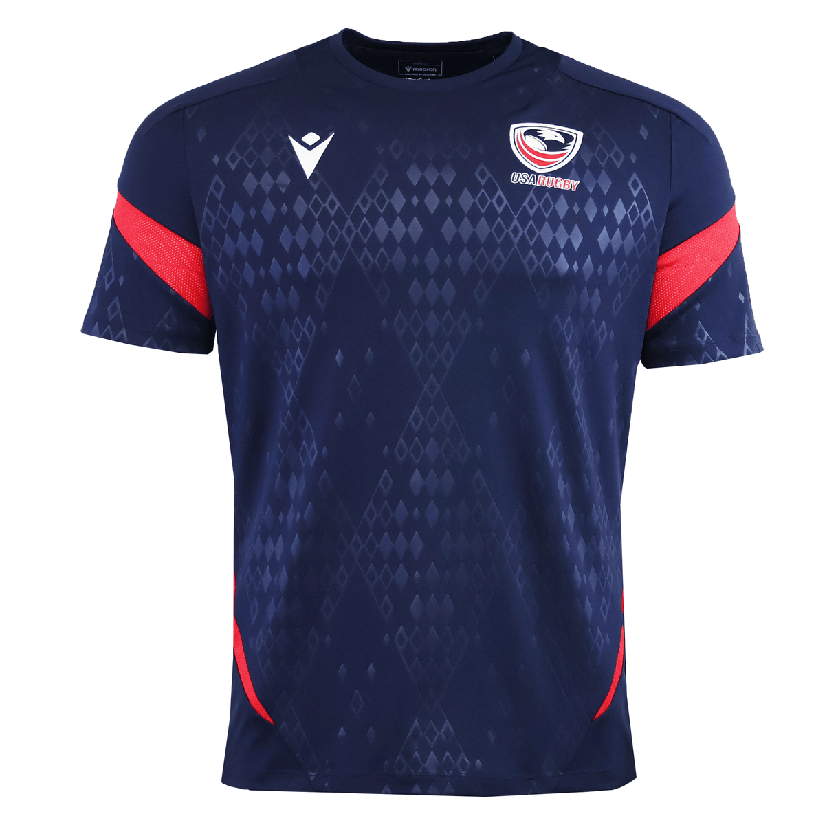 The USA Rugby 25/26 Training Poly Shirt by Macron features navy blue with diamond patterns, red sleeve and side accents, breathable Poly Dry fabric, and displays a bird logo plus "USA Rugby" text on the chest.
