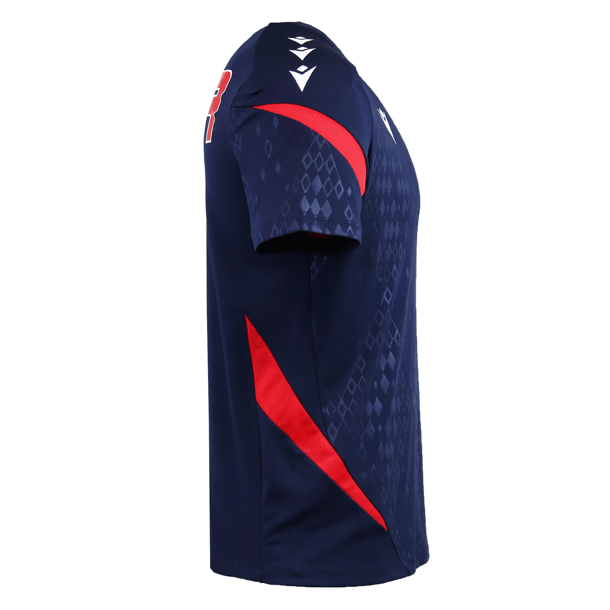 The USA Rugby 25/26 Training Poly Shirt by Macron is a navy short-sleeve jersey made from Poly Dry fabric, with red side accents, diamond patterns, and white shoulder chevrons—ideal for training.