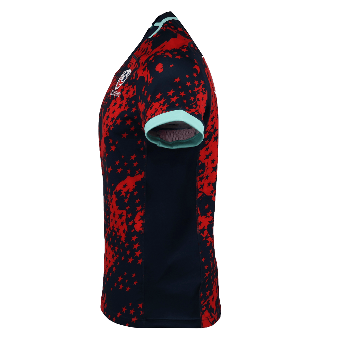 The Macron USA Rugby 25/26 Training Rugby Jersey #1 features short sleeves, a red and black star pattern, mint green collar and cuffs, shown in a side view.