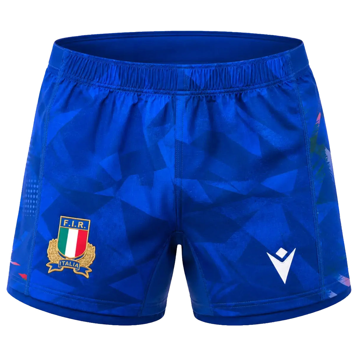 The Italy 26/27 Home Shorts by Macron are blue rugby shorts featuring Italy’s national team badge on the left leg and a white Macron logo on the right leg, displayed against a white background. These official Macron shorts are ideal for both fans and players.