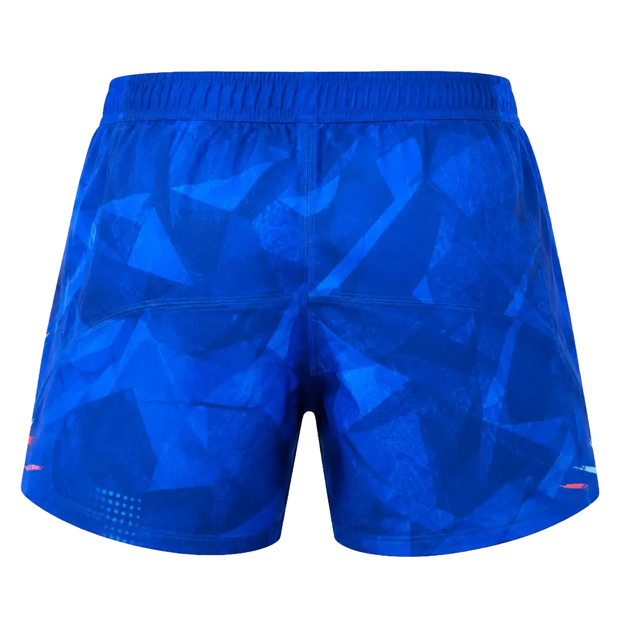 The Italy 26/27 Home Shorts by Macron in bright blue feature an abstract geometric pattern, displayed from the back against a white background.