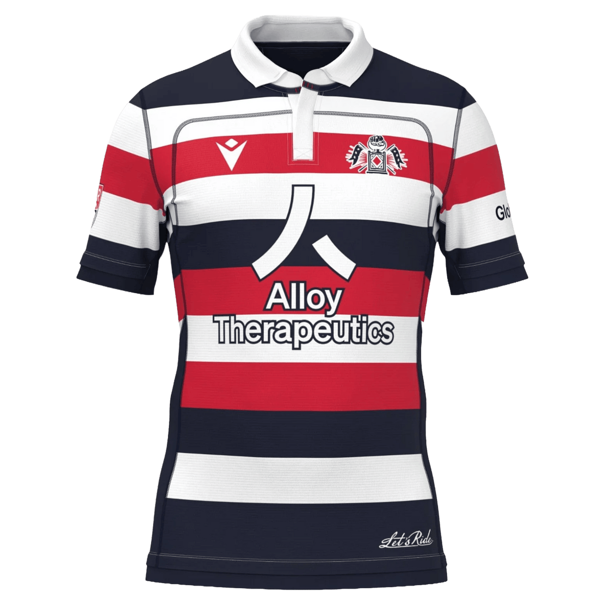 The New England Free Jacks MLR 25/26 Replica Home Jersey by Macron features red, white, and navy stripes, the Alloy Therapeutics logo, and a chest crest.