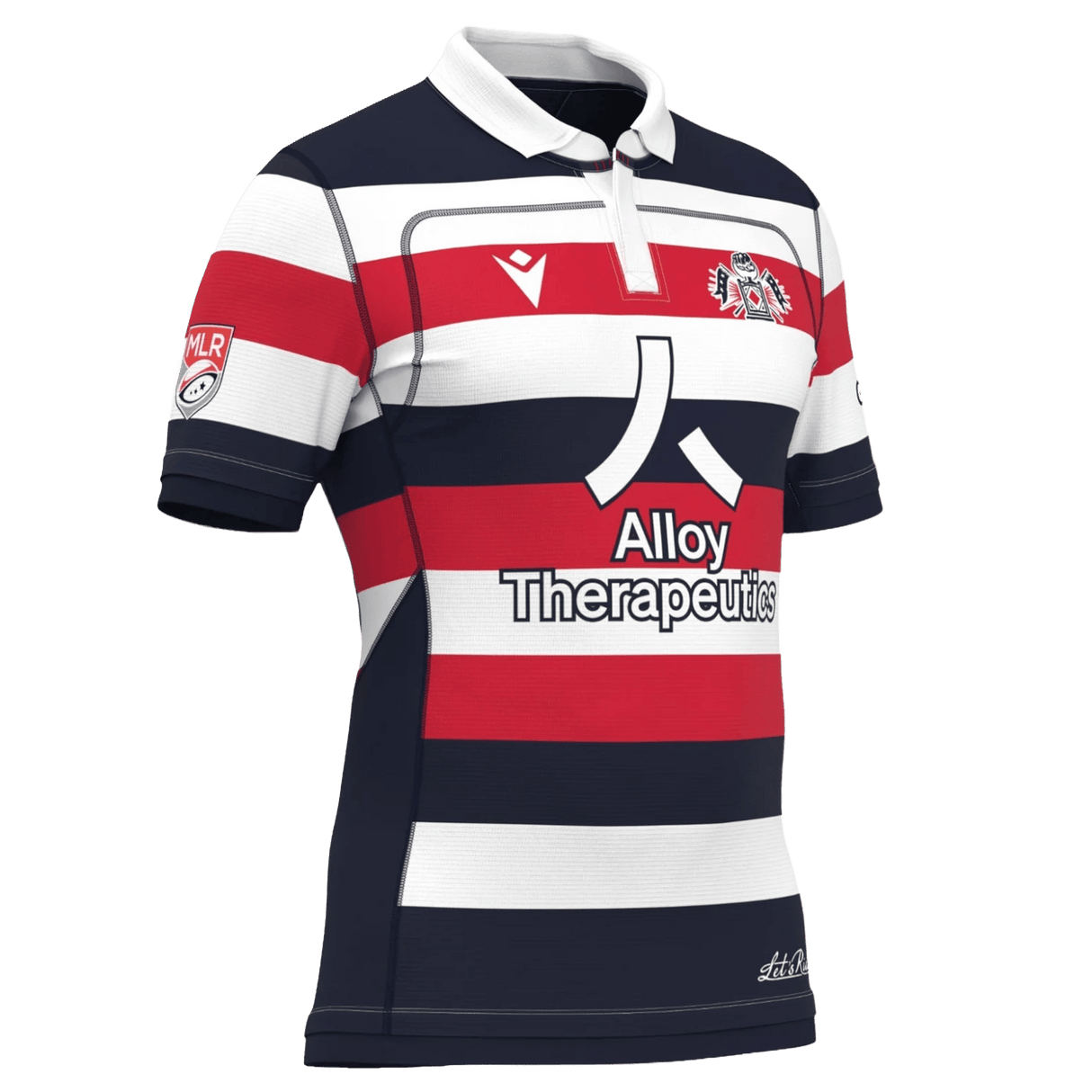 The New England Free Jacks MLR 25/26 Replica Home Jersey by Macron features thick navy, red, and white stripes, sponsor logos, and the club crest—a stylish short-sleeve authentic replica rugby jersey.