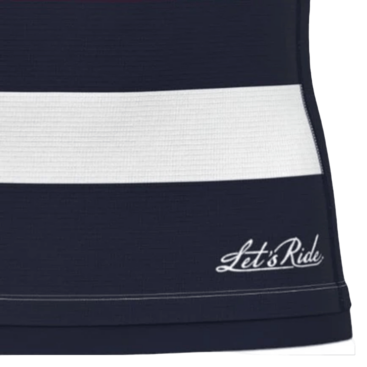 A close-up of the New England Free Jacks MLR 25/26 Replica Home Jersey by Macron, in navy blue with a white horizontal stripe and "Let's Ride." printed in white script near the hem.