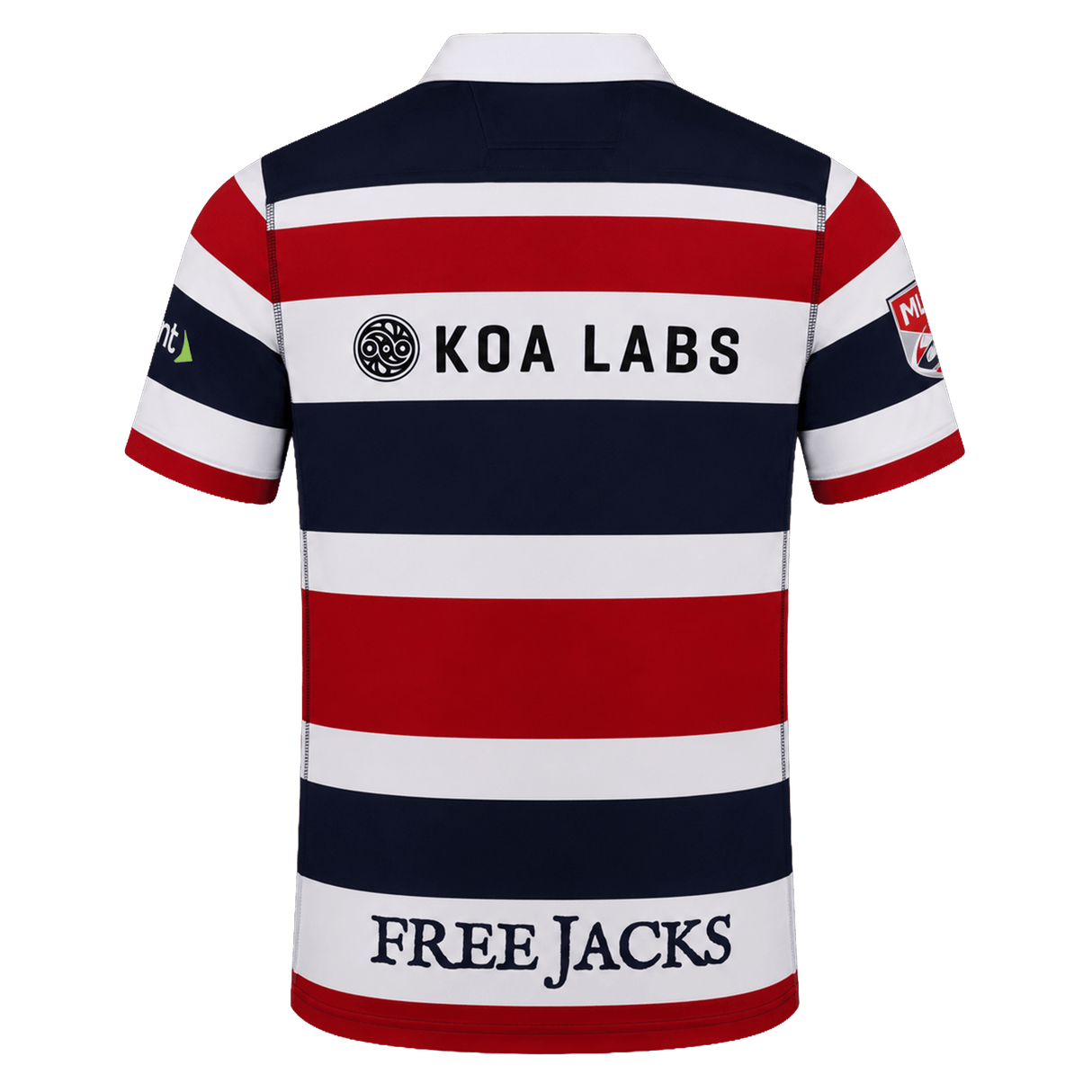 The New England Free Jacks MLR 25/26 Replica Home Jersey by Macron features red, white, and navy stripes, "KOA LABS" and "FREE JACKS" logos on the back, sponsor logos on the sleeves—an official replica jersey.