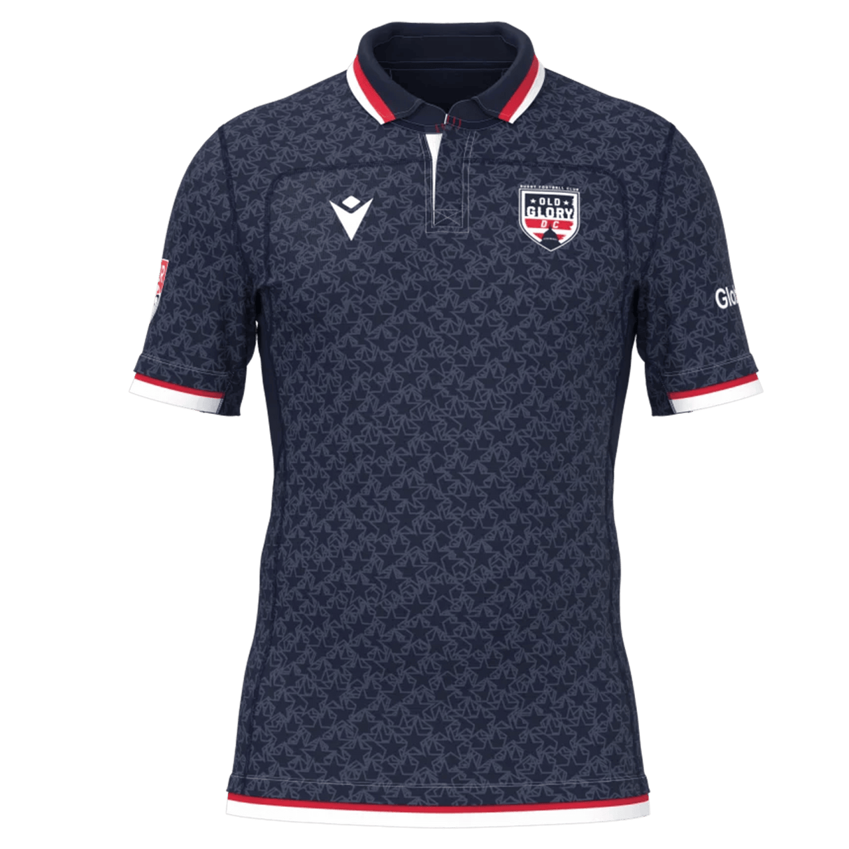 The Old Glory DC MLR 25/26 Replica Home Jersey by Macron features a navy blue design with a subtle pattern, red and white collar and cuffs, and the "Glory" team logo on the left chest.