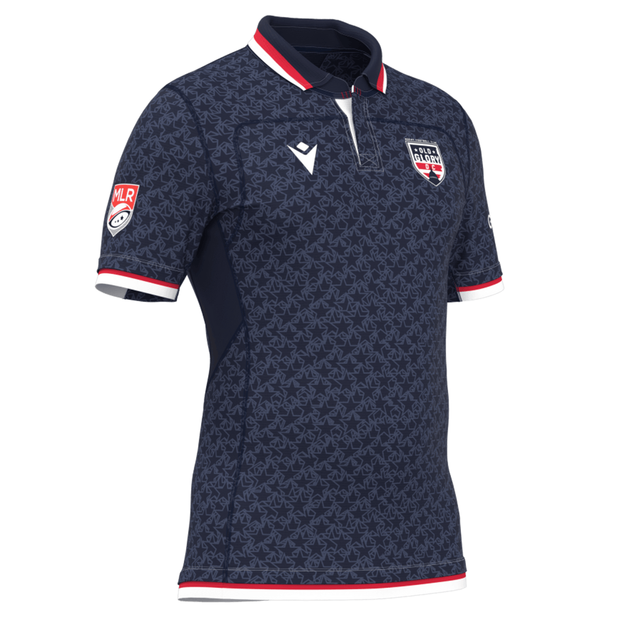 The Old Glory DC MLR 25/26 Replica Home Jersey by Macron features a navy blue design with subtle anchor pattern, white collar, red and white trim, club logo on the chest, and official MLR patch—authentic Macron quality.