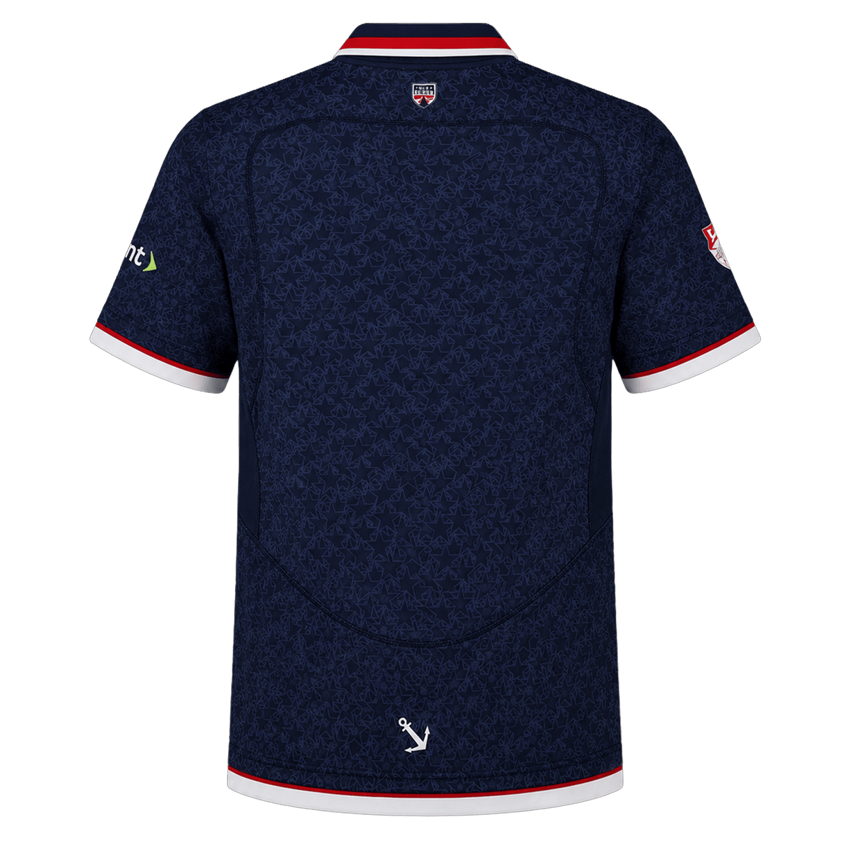 Back view of the Old Glory DC MLR 25/26 Replica Home Jersey by Macron—a navy blue rugby top with a subtle pattern, white collar and cuffs, red trim, and sponsor logos on the sleeves.