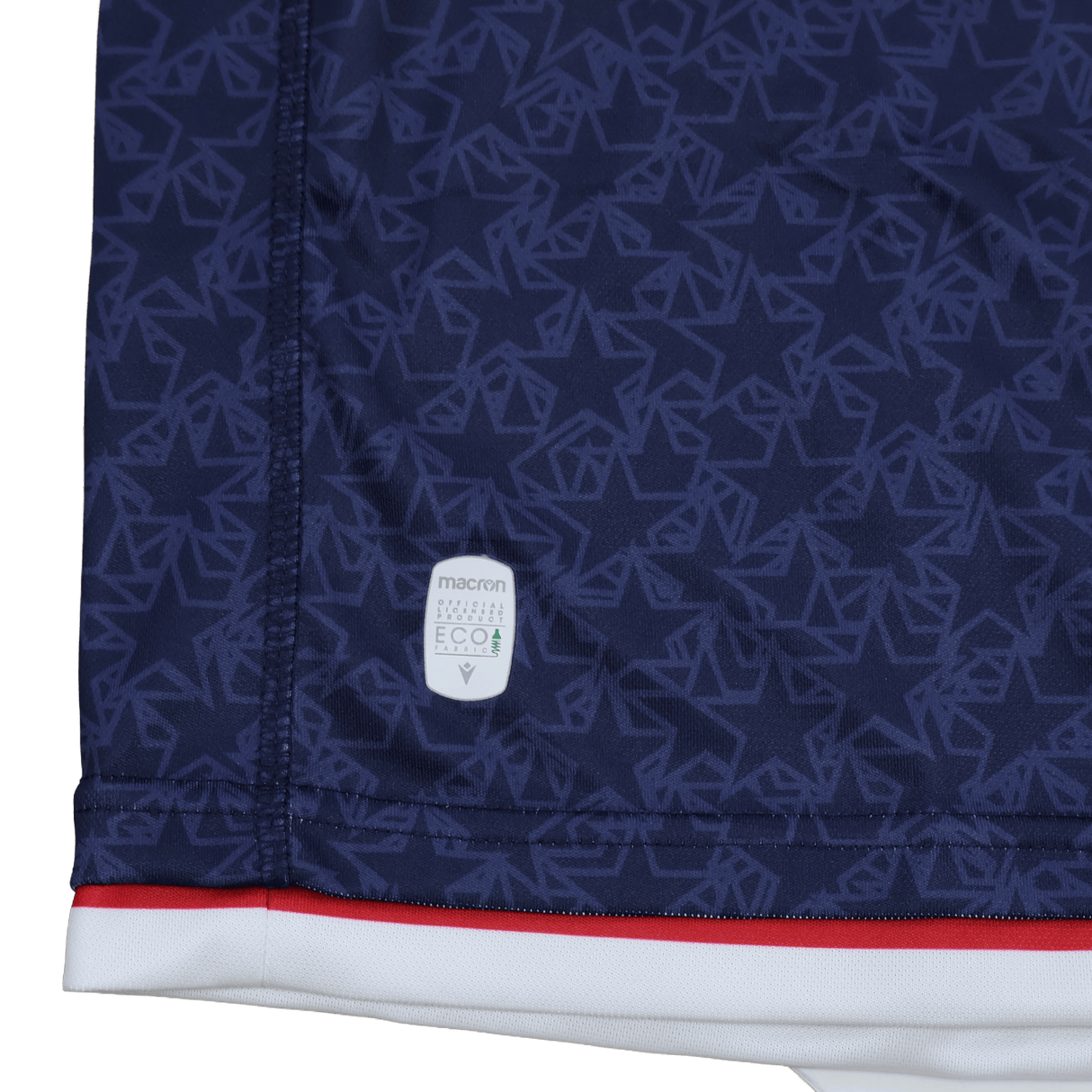 Close-up of the Old Glory DC MLR 25/26 Replica Home Jersey by Macron—navy blue with geometric patterns, red and white trim, and an Eco logo patch—an authentic fan replica from Macron.