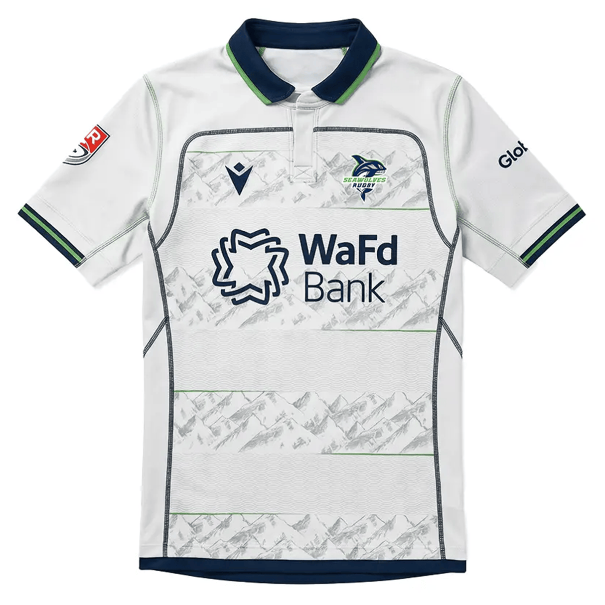 The Seattle Seawolves MLR 25/26 Replica Away Jersey by Macron features mountain patterns, sponsor logos, and navy-green trim—an authentic white replica for dedicated fans.