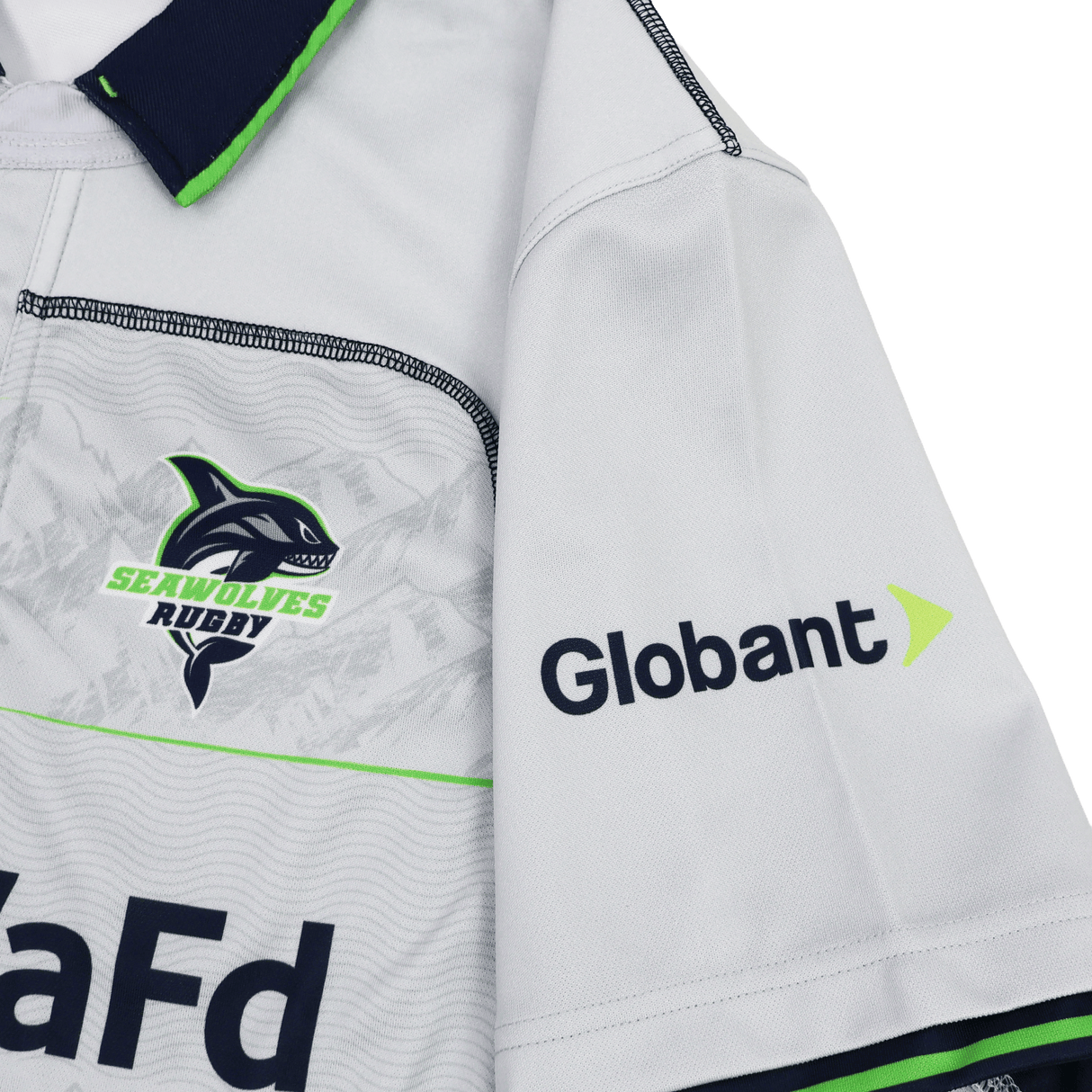 The Seattle Seawolves MLR 25/26 Replica Away Jersey by Macron is an official white jersey featuring the team logo, WaFd Bank sponsor, and Globant sleeve print.