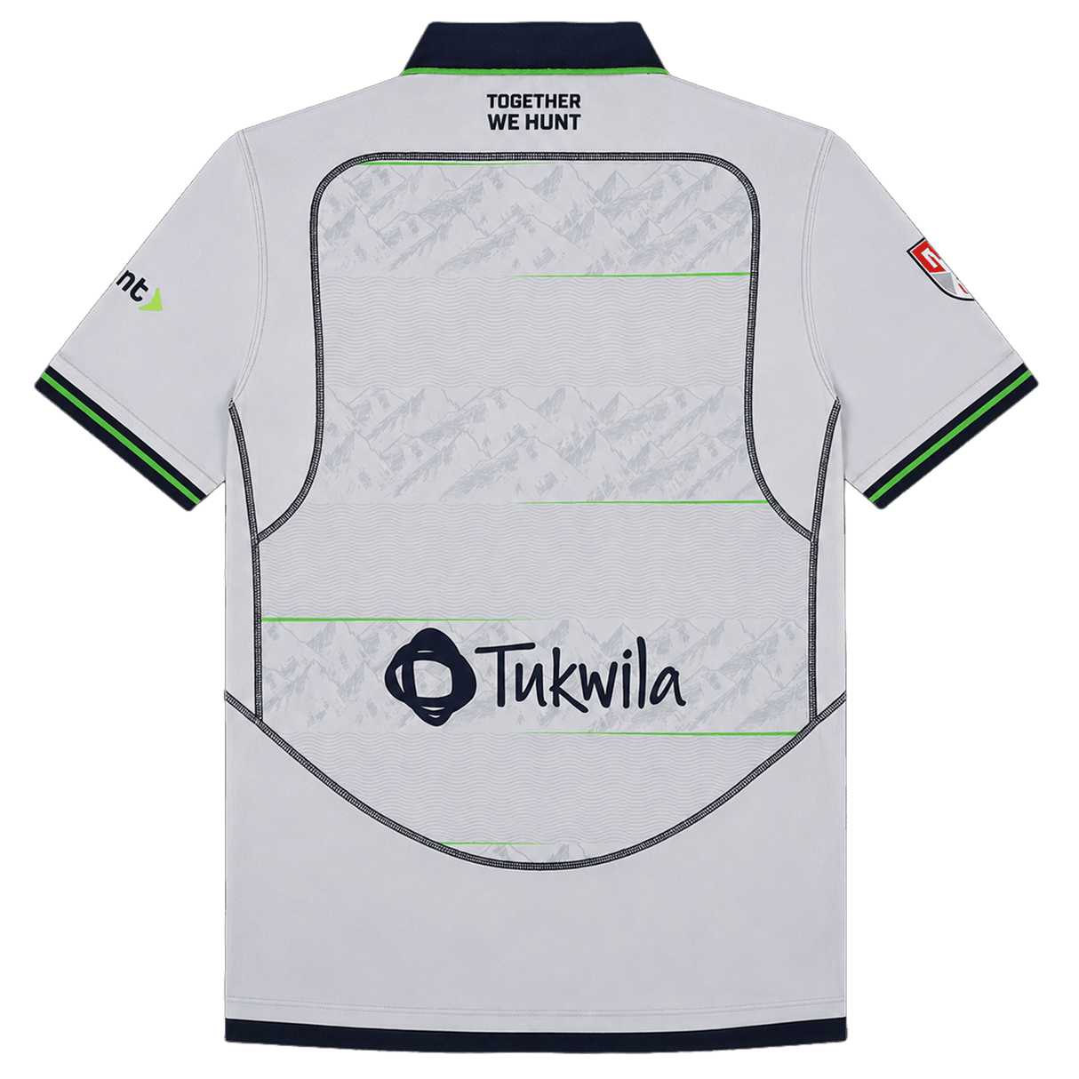 Back view of the Seattle Seawolves MLR 25/26 Replica Away Jersey by Macron in white, featuring a mountain pattern, "TOGETHER WE HUNT" by the collar, and "Tukwila" with logo on the lower back—officially licensed rugby gear.