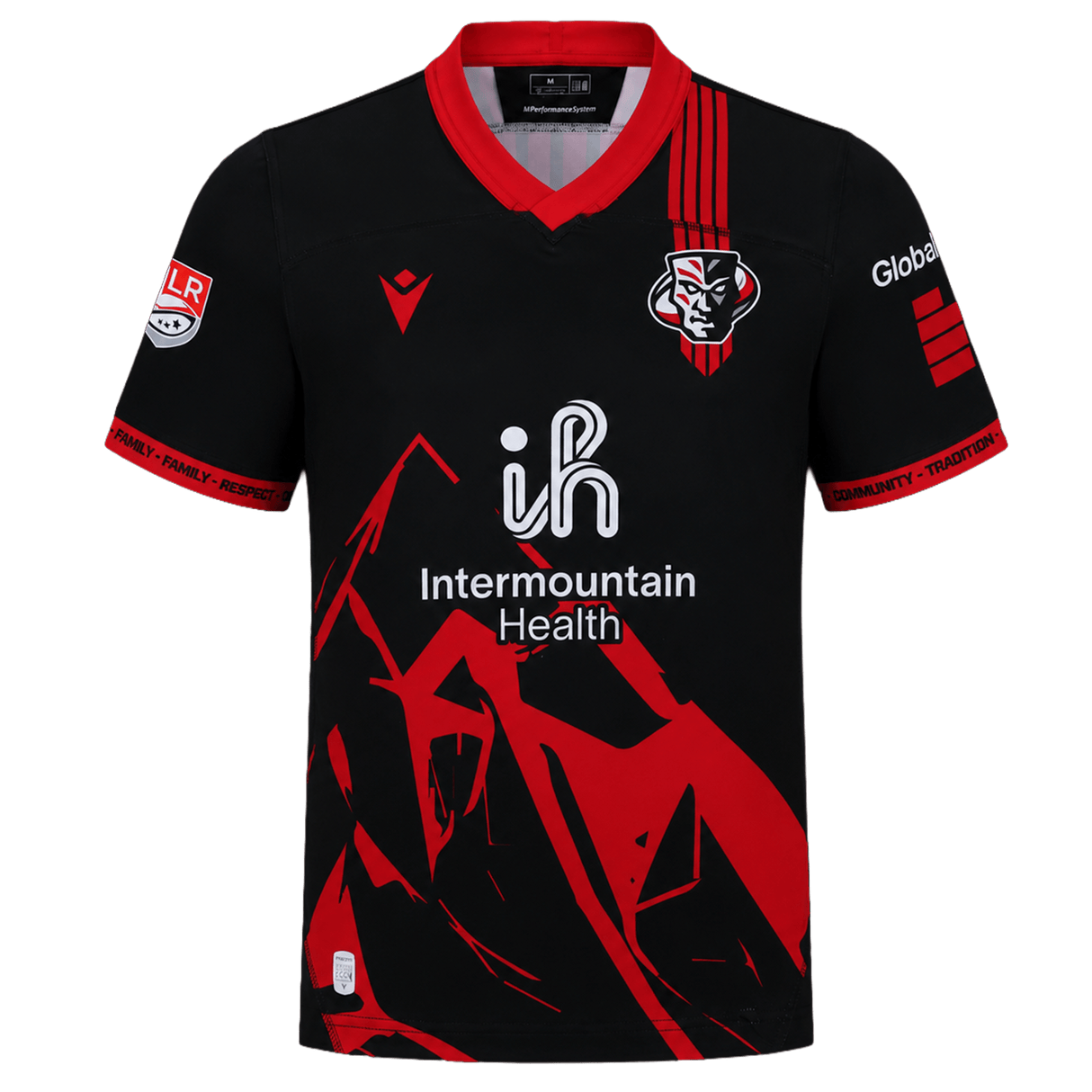 The Utah Warriors MLR 25/26 Replica Home Jersey by Macron features black and red colors, a stylized mountain design, team logo on the chest, "Intermountain Health" sponsor text, and official Major League Rugby detailing.