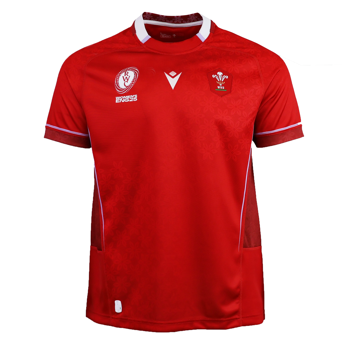 Show your support for Welsh rugby with the Wales WRWC25 Replica Home Jersey by Macron—a red short-sleeve jersey featuring white trim, chest logo patches, and a stylish pattern, perfect for fans ahead of the Women’s Rugby World Cup 2025.