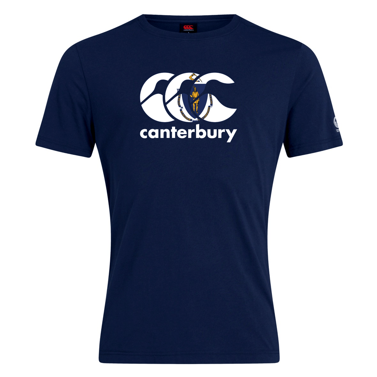 Show your rugby pride in the Canterbury Massachusetts CCC Flag Club T-shirt by WRS Canterbury, crafted from a comfy cotton blend and featuring the iconic white "CCC canterbury" logo with a small emblem inside.