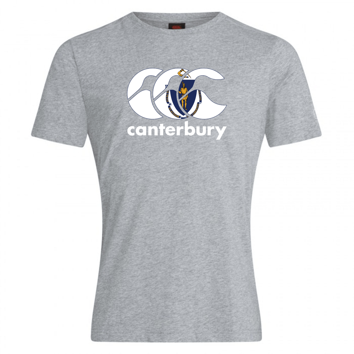 The WRS Canterbury Massachusetts CCC Flag Club T-shirt is a heather grey cotton-blend tee with the logo and text plus a penguin graphic on the chest—ideal for displaying your rugby pride.