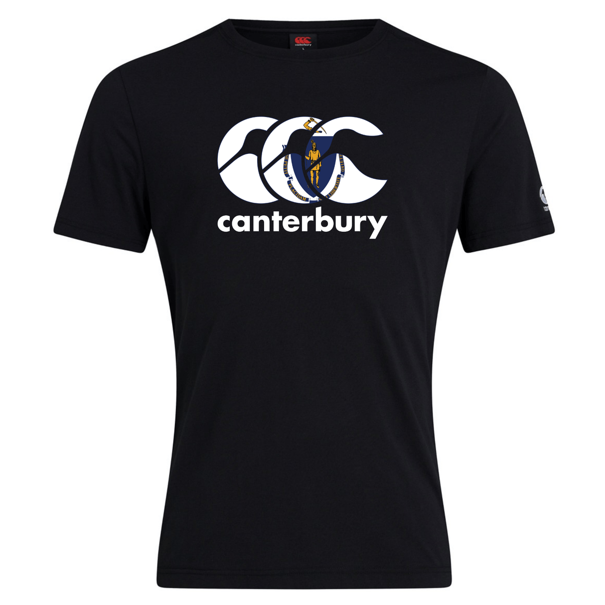 The Canterbury Massachusetts CCC Flag Club T-shirt by WRS Canterbury features the brand's white triple C logo and a small blue and gold emblem, all on soft cotton blend—perfect for showing your rugby pride.