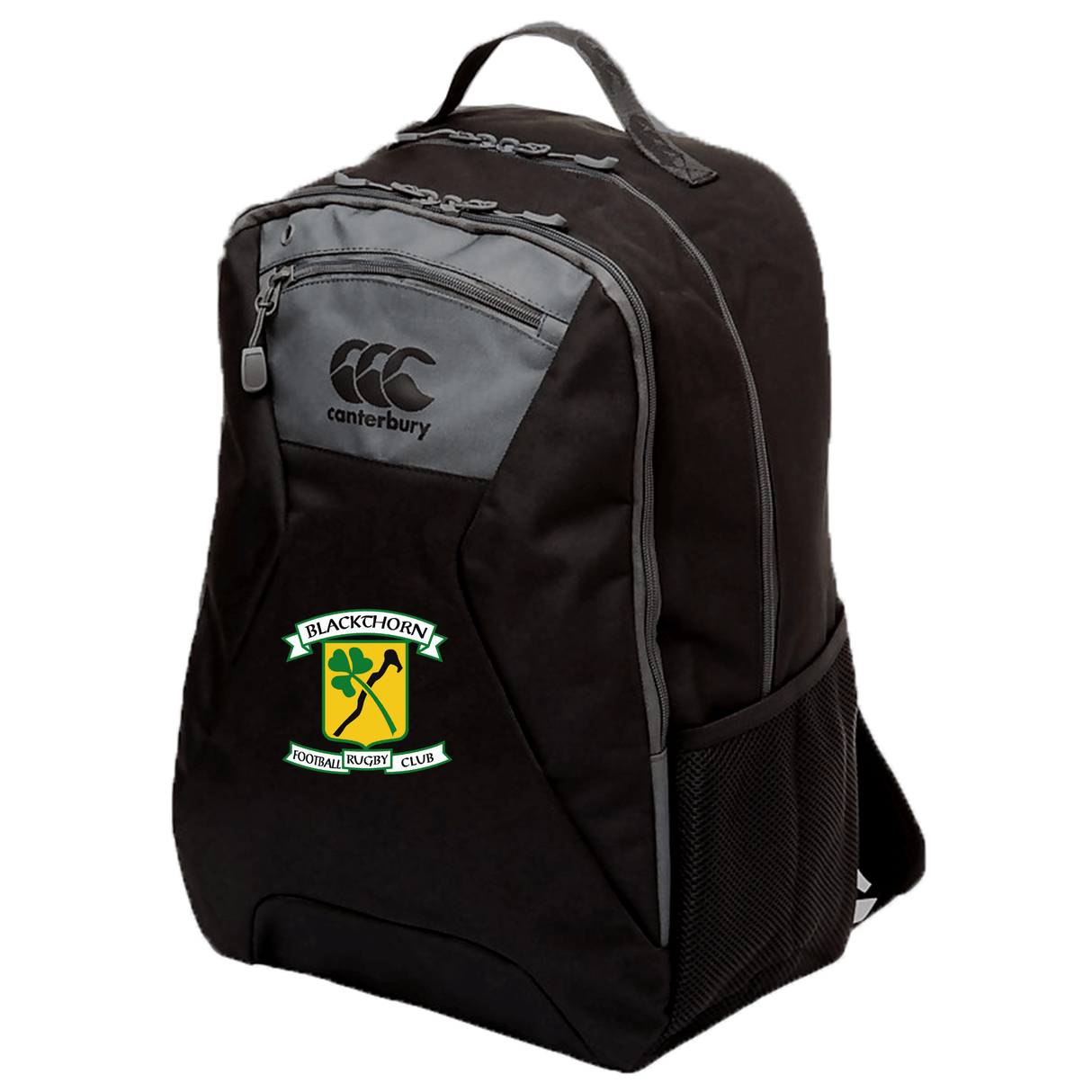 A black Blackthorn RFC Medium Backpack by EMB Canterbury with the logo of Blackthorn Rugby Club on the front pocket, featuring multiple zippers, a side mesh pocket, and ergonomic shoulder straps.
