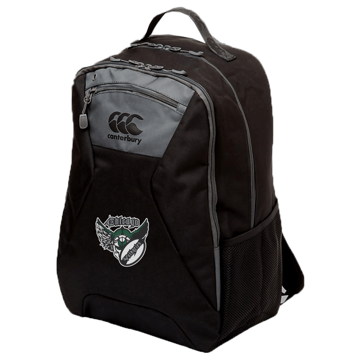 A black Chicago Valkyries Medium backpack by EMB Canterbury featuring a logo on the top, an embroidered alligator graphic on the lower section, and ergonomic shoulder straps.