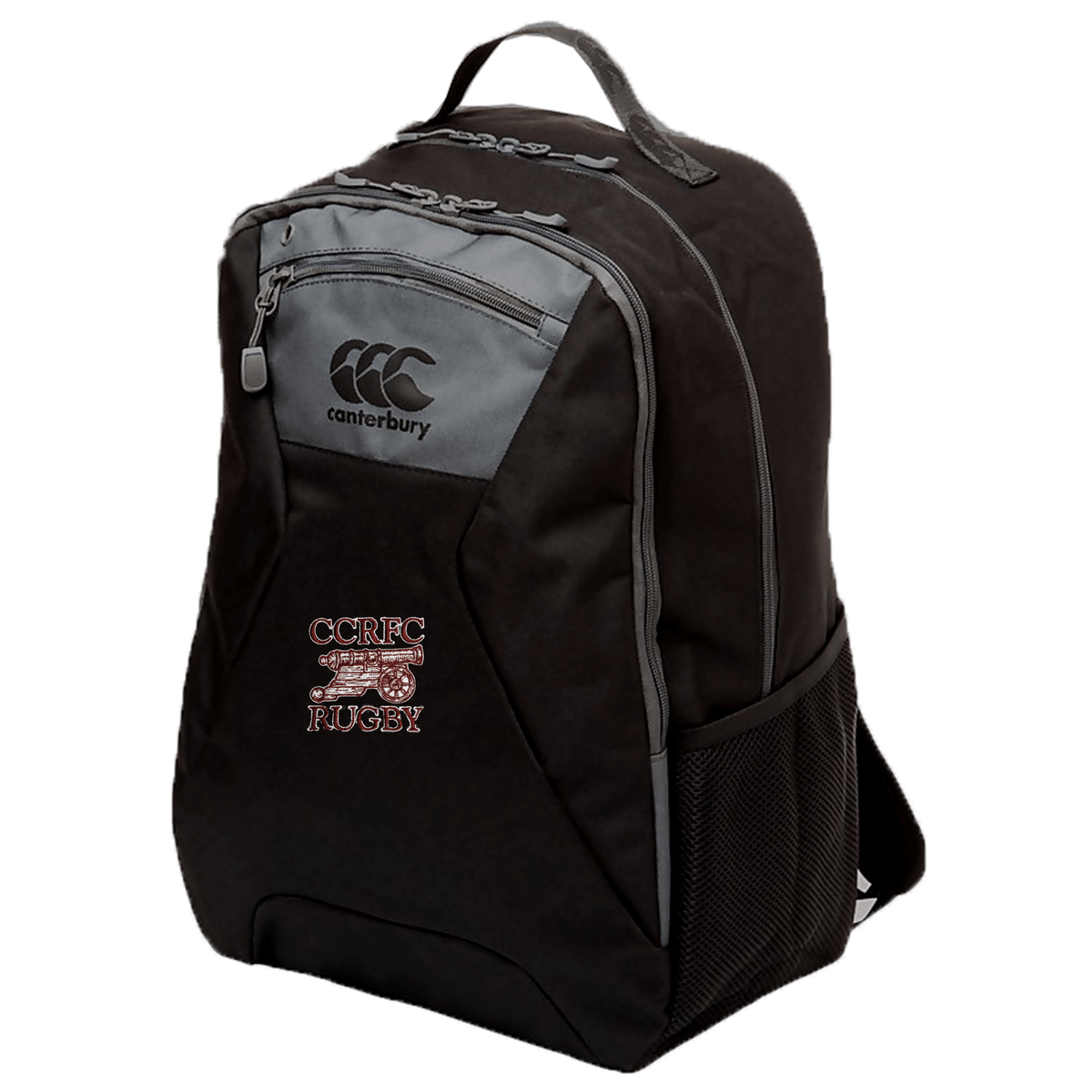 A black Concord Carlisle Rugby Medium Backpack by EMB Canterbury with "ccrfc rugby" embroidered in red, featuring multiple compartments, ergonomic shoulder straps, and a side mesh pocket.