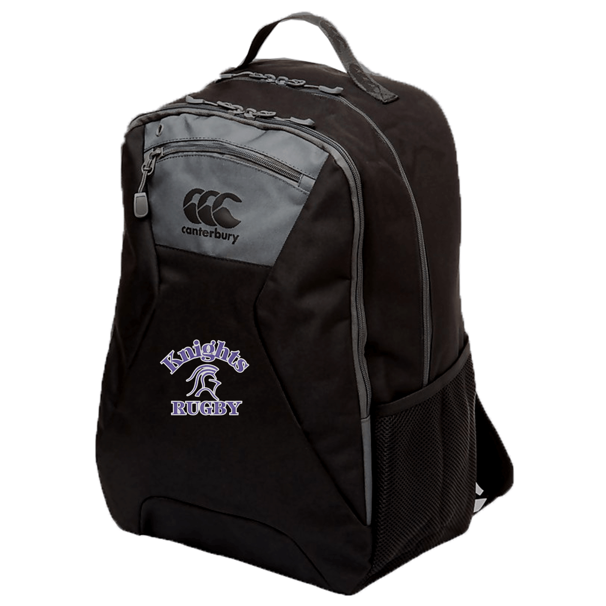 A black Ardrey Kell Rugby Medium Backpack by Canterbury with a front zippered pocket, mesh side pocket, and "Knights Rugby" logo embroidered in purple and white on the front. It features a padded laptop pocket and Vaposhield technology for added durability.