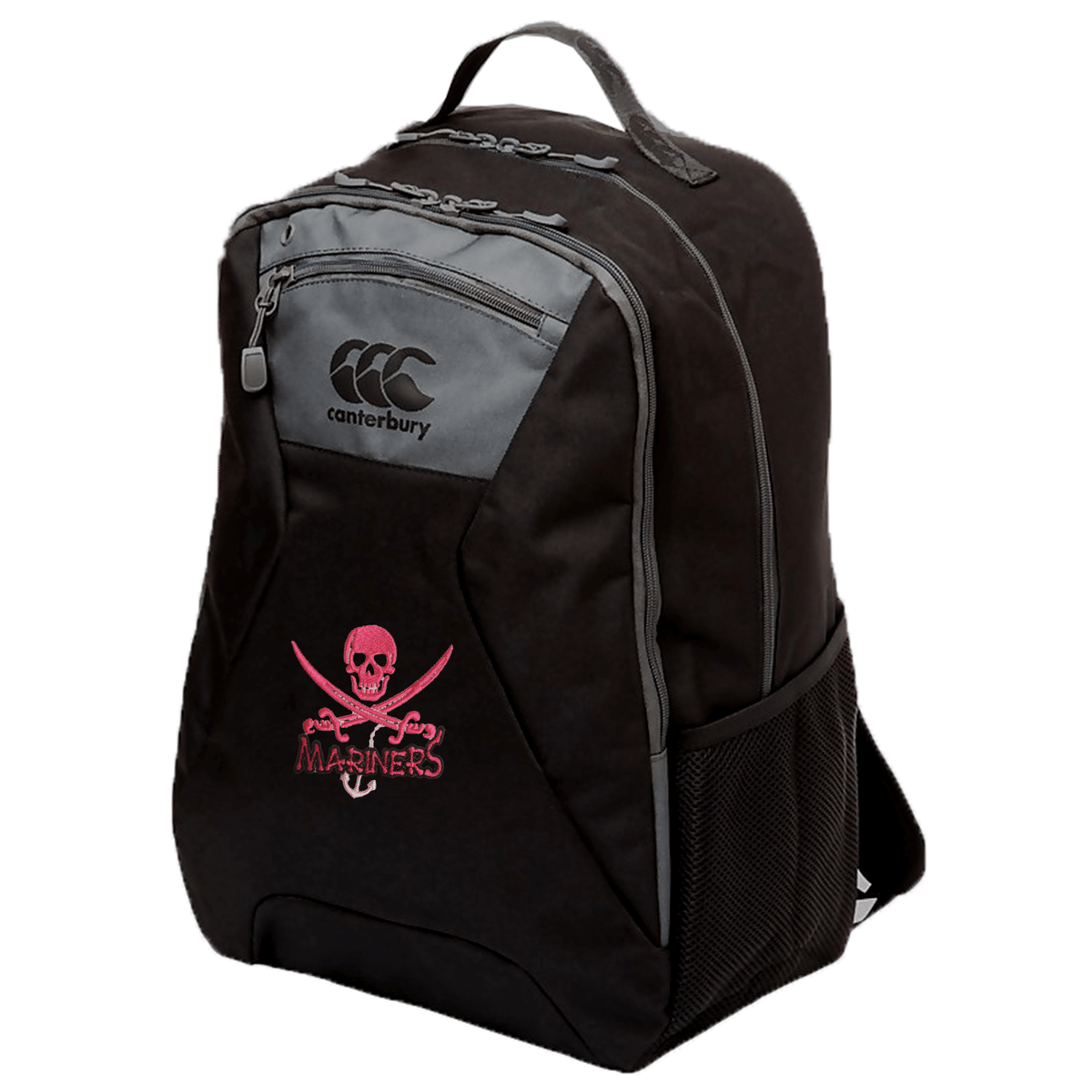 Black SUNY Maritime Medium backpack by EMB Canterbury featuring a skull and crossbones logo labeled "mariners" with ergonomic shoulder straps and a side mesh pocket.