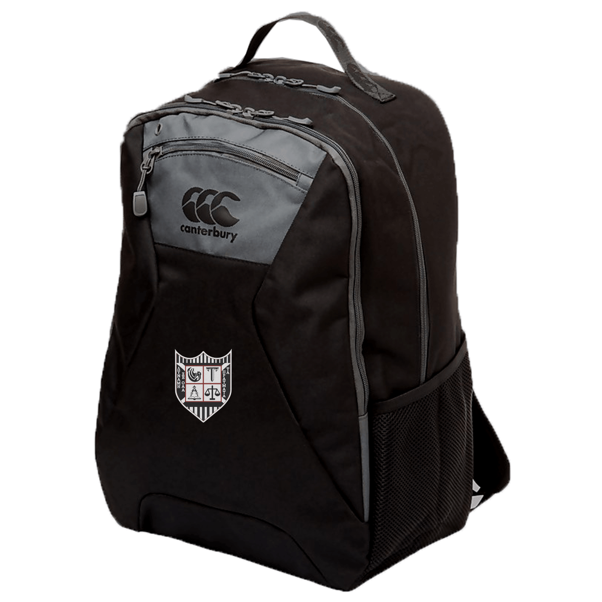 An EMB Canterbury Troy University Rugby Medium Backpack made from Polyester 600D PVC with a logo and shield crest on the front, featuring a zippered compartment with a padded laptop pocket and a side mesh pocket.