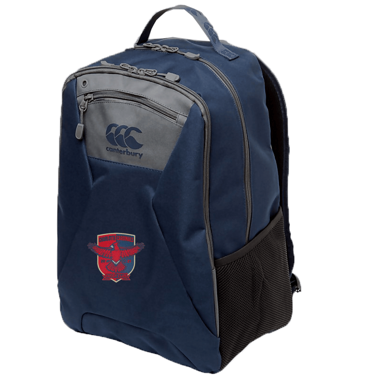 Blue Charlotte Cardinals Rugby Club Medium Backpack by EMB Canterbury with front zipper compartment and mesh side pocket, constructed from Polyester 600D PVC with Vaposhield technology.