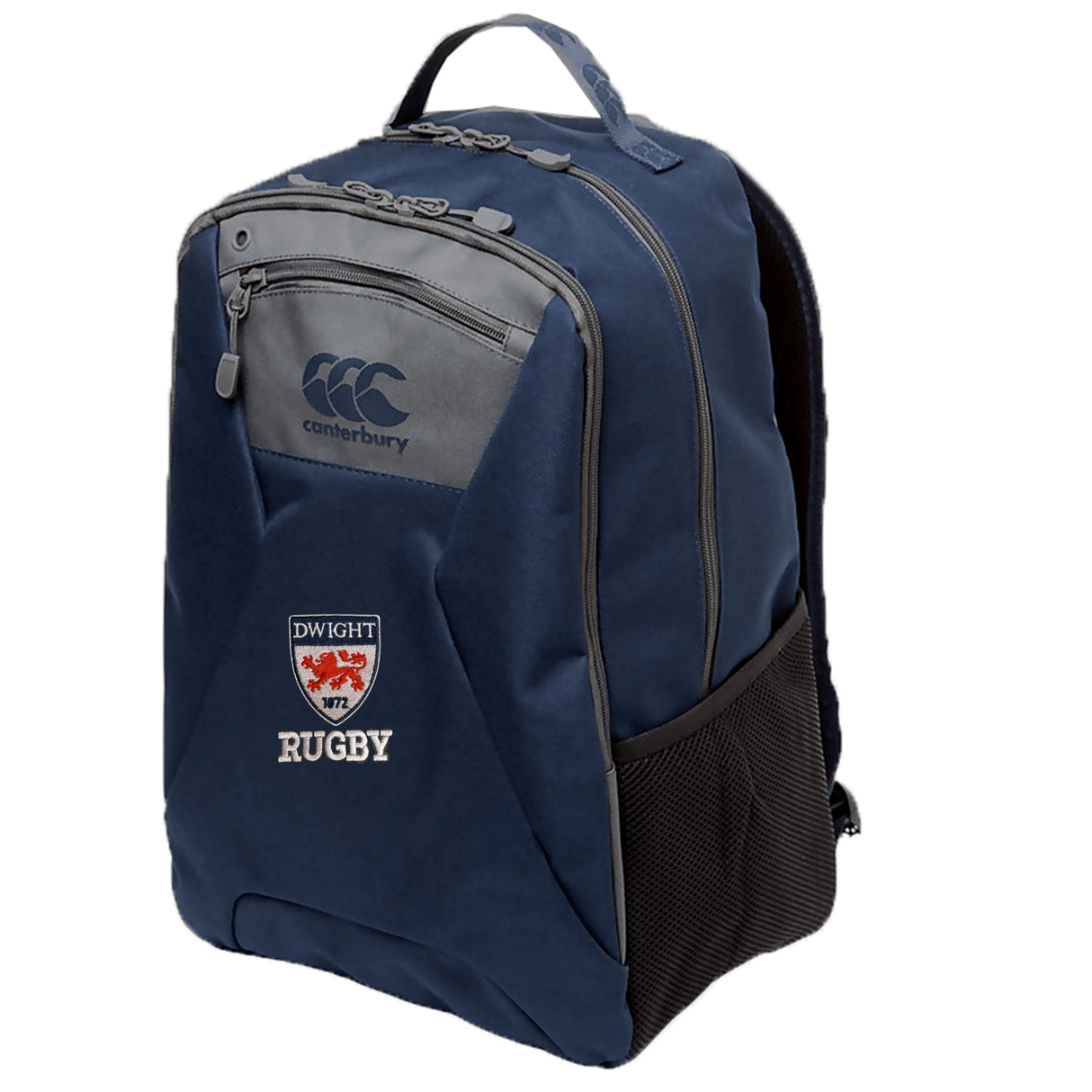 A blue Dwight Rugby Medium Backpack by EMB Canterbury featuring a front zipper pocket, the dwright rugby logo, side mesh compartment, and ergonomic shoulder straps.