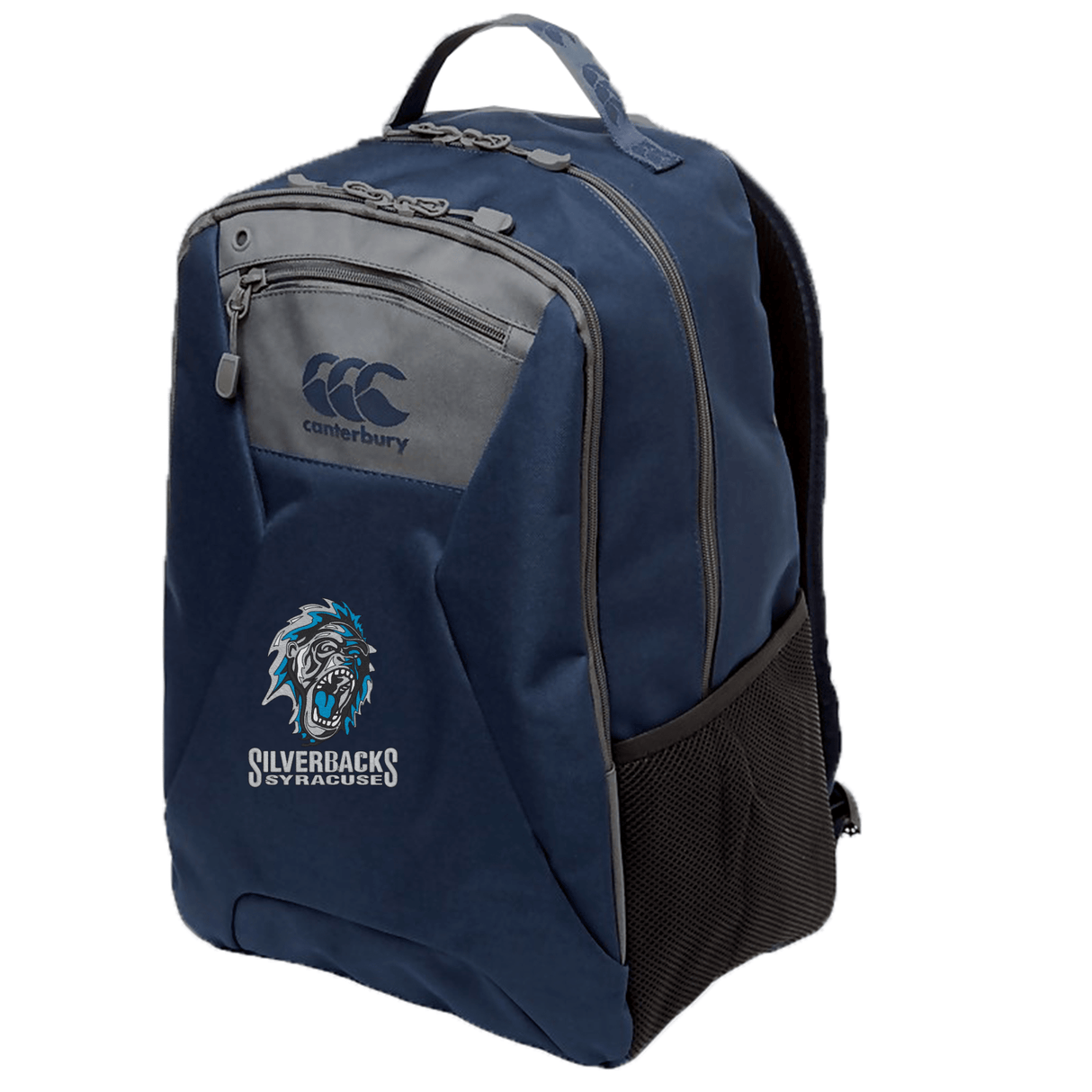 A navy blue Syracuse Silverbacks Medium Backpack by Canterbury featuring a front zipper pocket, top handle, mesh side pockets, and a "Silverbacks Syracuse" logo with a roaring animal graphic on the front. It includes Vaposhield technology and a padded laptop pocket for added protection by EMB Canterbury.
