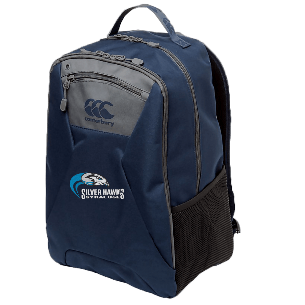 A dark blue Syracuse Silver Hawks Medium Backpack by Canterbury with a top handle, two zippered compartments, and side mesh pockets. It features the EMB Canterbury logo, "Silver Hawks Syracuse" emblem, and ergonomic shoulder straps for added comfort.