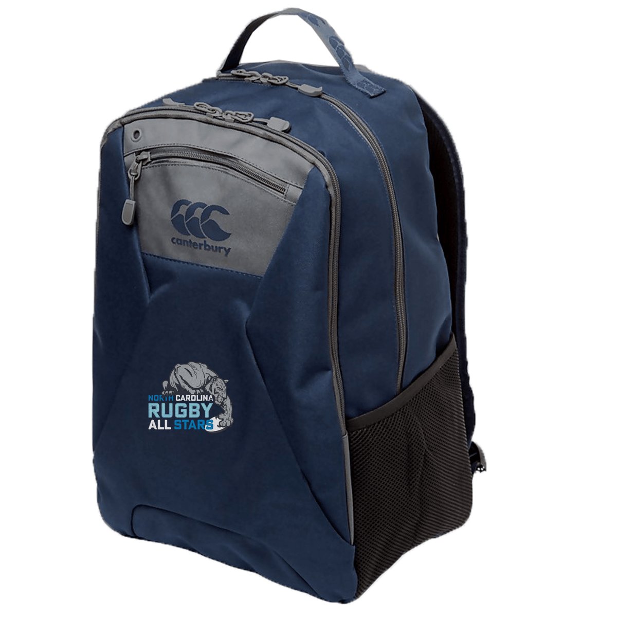 Navy blue NC All Stars Medium Backpack by EMB Canterbury with multiple compartments, featuring a padded laptop pocket and North Carolina Rugby All Stars logo.