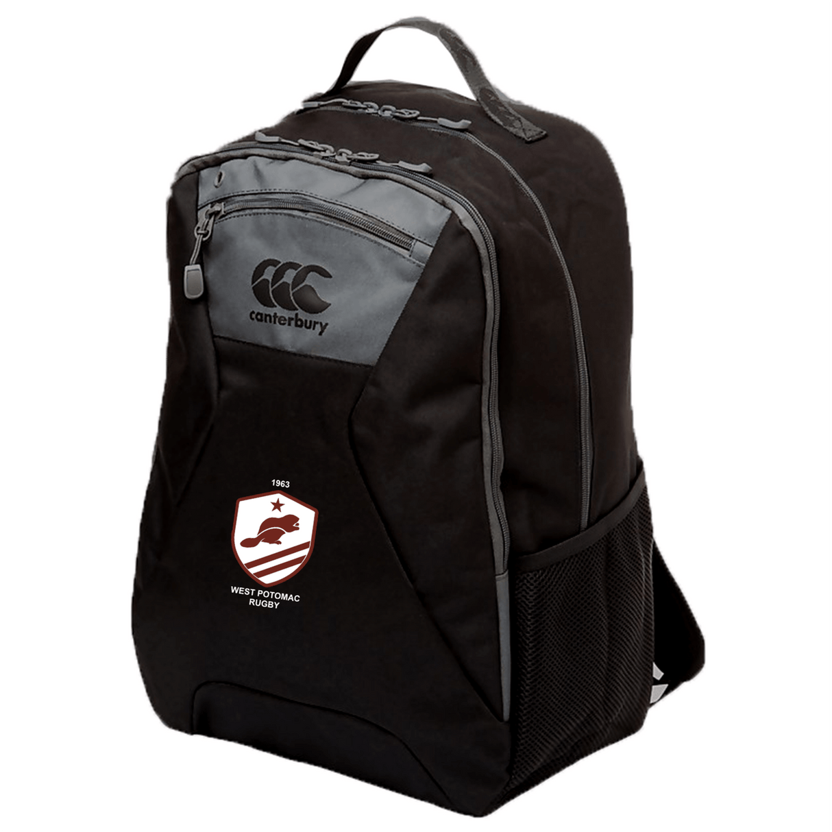 The West Potomac RFC Medium Backpack by Canterbury features gray accents, zippered compartments, a padded laptop pocket, mesh side pocket, and the West Potomac Rugby logo on the front. Brand: EMB Canterbury.