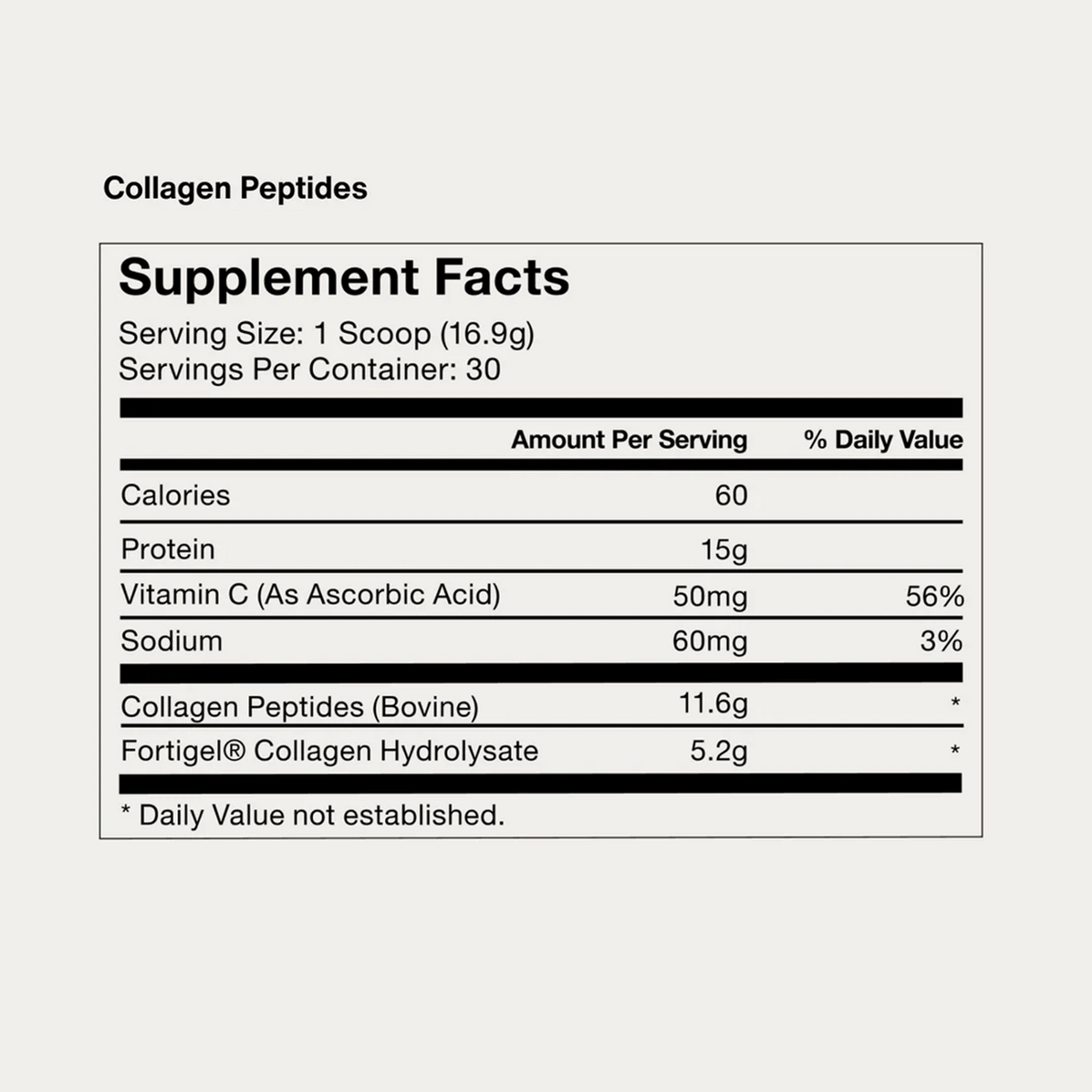 Momentous COLLAGEN PEPTIDES supplement facts label lists 30 servings per tub, serving size, and nutritional info including protein, vitamin C, sodium, and collagen content to support joint, tendon, and ligament health.