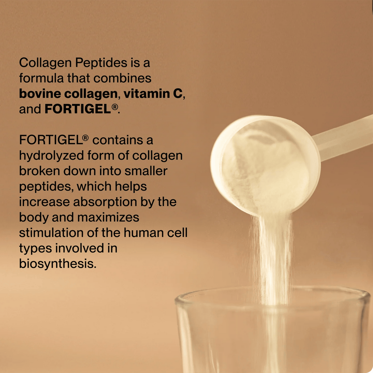 Momentous COLLAGEN PEPTIDES (30 servings) by Momentous is poured into a clear glass, with text highlighting its ingredients and joint health benefits in the background.