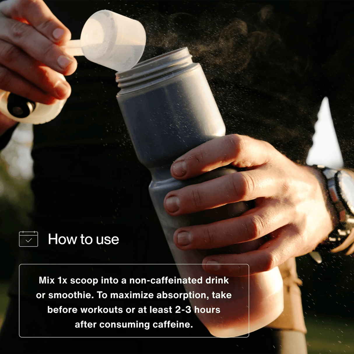 Someone pours Momentous COLLAGEN PEPTIDES powder from a scoop into a water bottle, with instructions below to mix it into a non-caffeinated drink for optimal joint health and tendon and ligament support. 30 servings per tub.