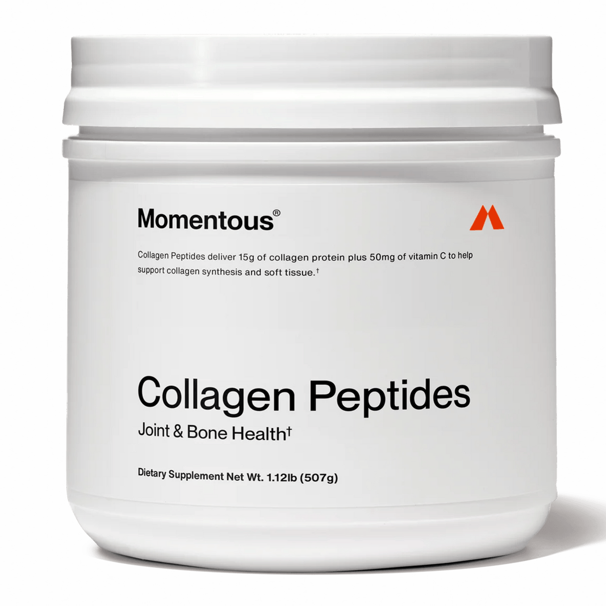 A white container labeled "Momentous COLLAGEN PEPTIDES" contains 30 servings per tub, supporting joint, bone, tendon, and ligament health. Brand: Momentous.