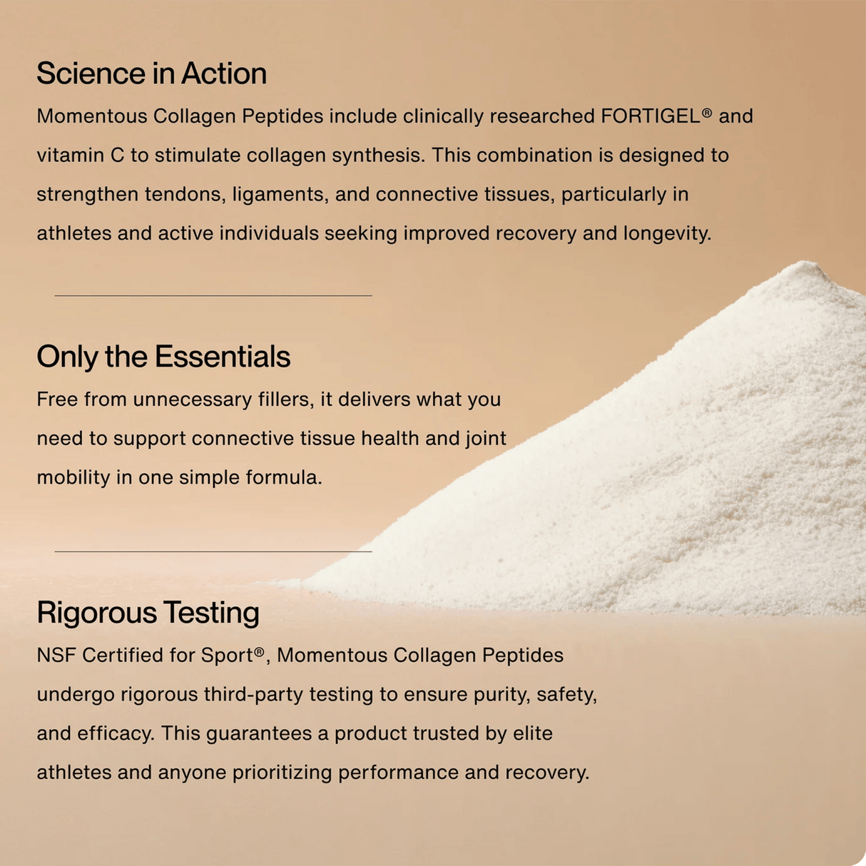 A mound of Momentous COLLAGEN PEPTIDES powder on a beige background beside text showing tendon and ligament support, joint health benefits, purity, third-party testing, and 30 servings per tub from Momentous.