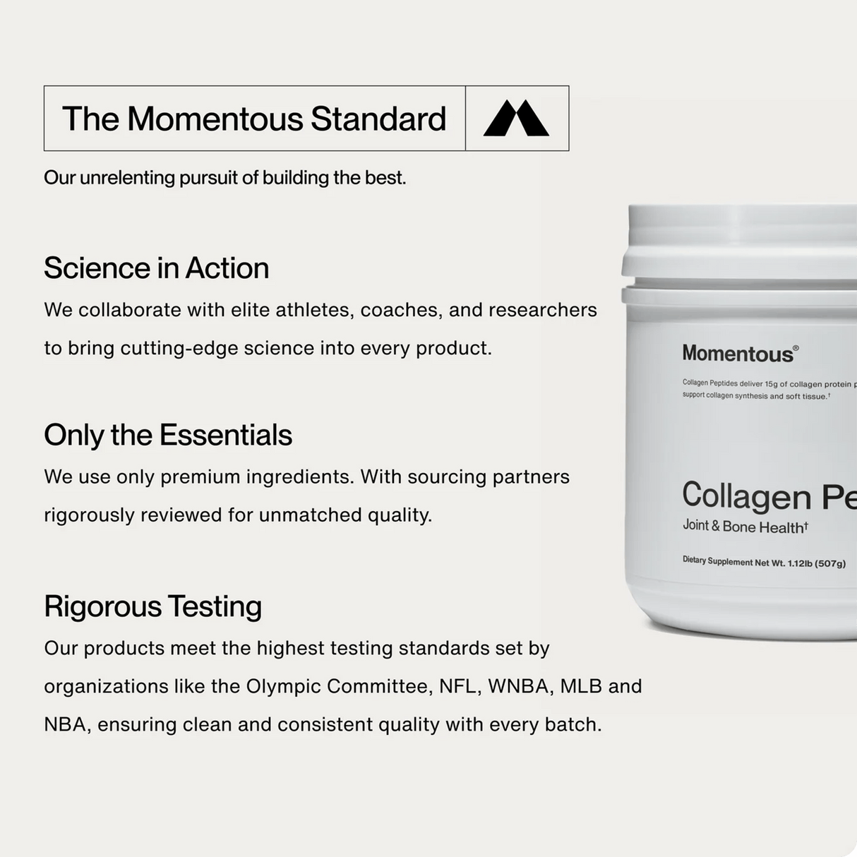 An image of Momentous COLLAGEN PEPTIDES (30 servings per tub) highlights the brand’s science-backed standards, premium ingredients, joint health benefits, and rigorous product testing.