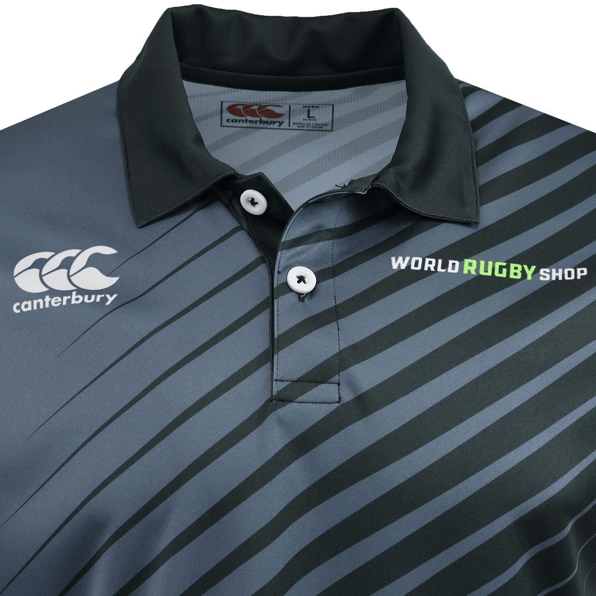 A close-up of the Teamatical CANTERBURY ECO-SUBLIMATE SS PERFORMANCE POLO - MENS, showcasing its advanced performance fabric and moisture-wicking features.