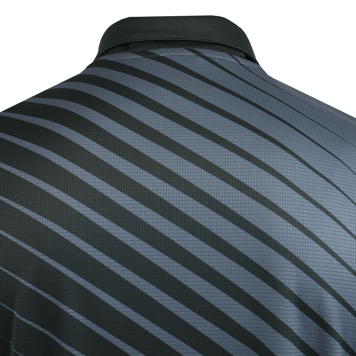 Close-up of the back of the Teamatical CANTERBURY ECO-SUBLIMATE SS PERFORMANCE POLO for men, showcasing diagonal gray stripes and a subtle grid texture. This performance polo features moisture-wicking to keep you comfortable all day.