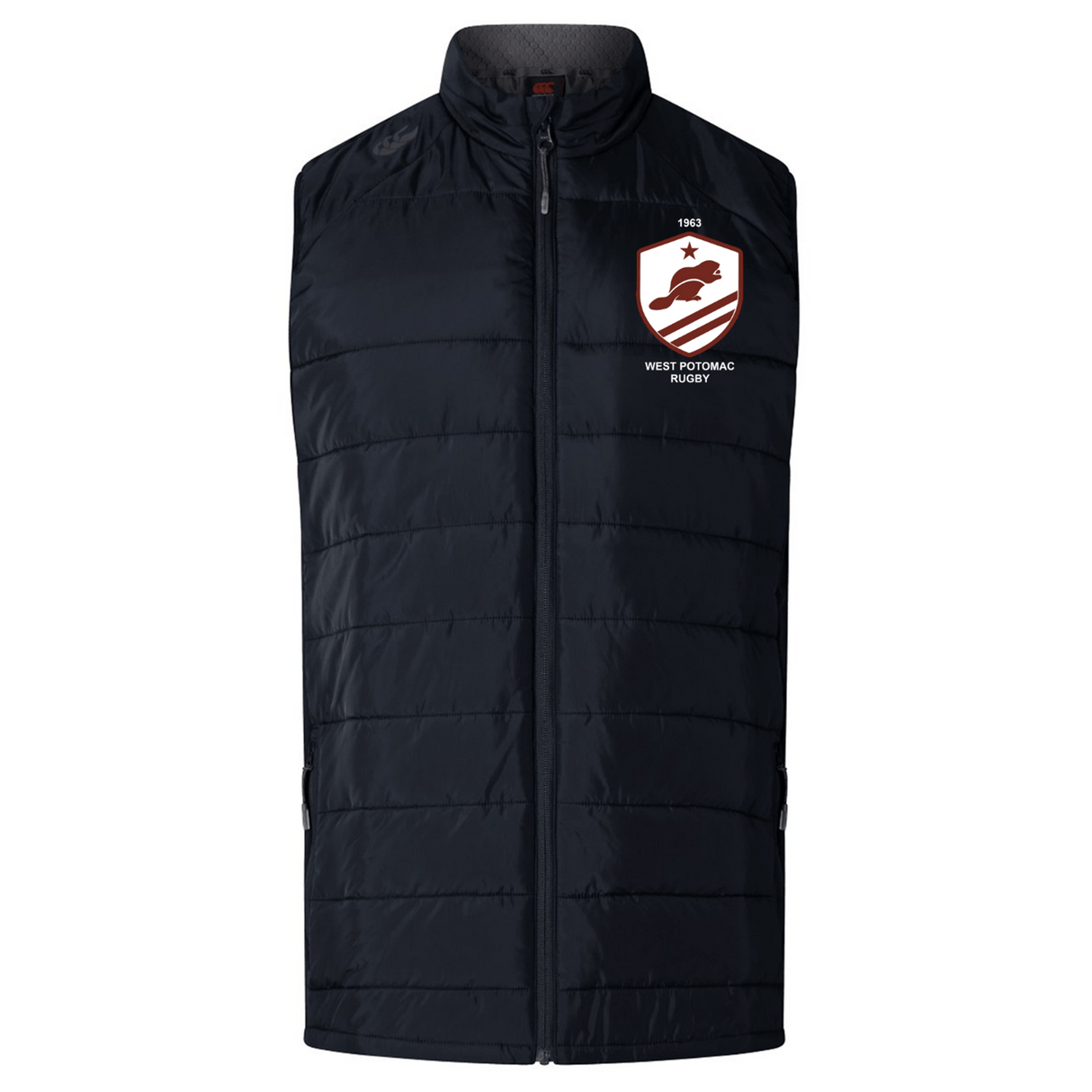 The EMB Canterbury West Potomac RFC Elite Microlite Gilet is a black quilted insulated vest with a full zipper and the West Potomac Rugby logo on the left chest.