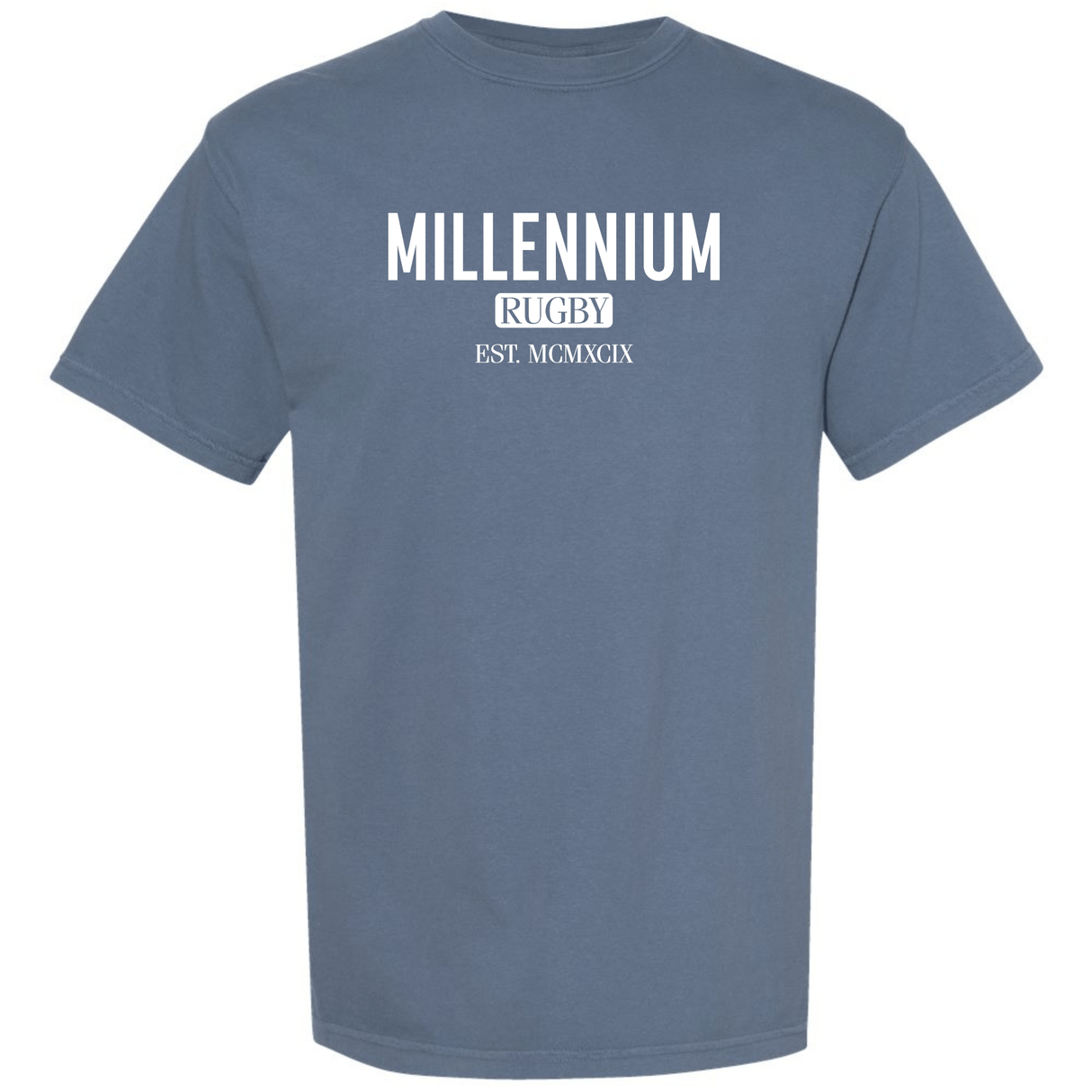 The Millennium Stadium Tee by WRS S&S Activewear features white "MILLENNIUM RUGBY EST. MCMXCIX" text on a blue shirt—a must-have Welsh rugby merchandise item for any fan.