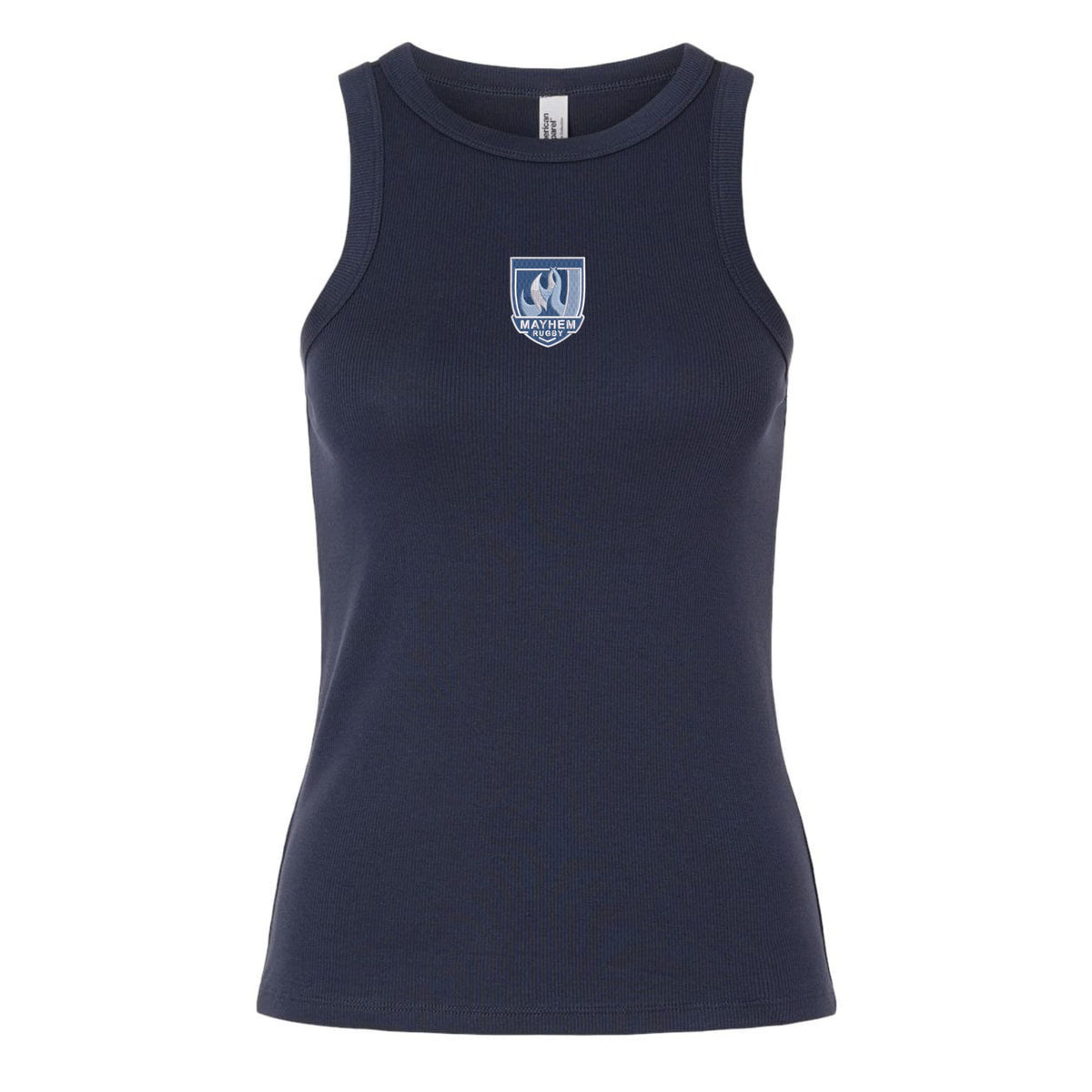 The Minneapolis Mayhem Rugby Women’s Baby Rib Tank by EMB S&S Activewear features a navy blue, sleeveless design with a round neck and a small white crest logo on the chest, crafted in a classic baby rib style for women to ensure a comfortable and flattering fit.