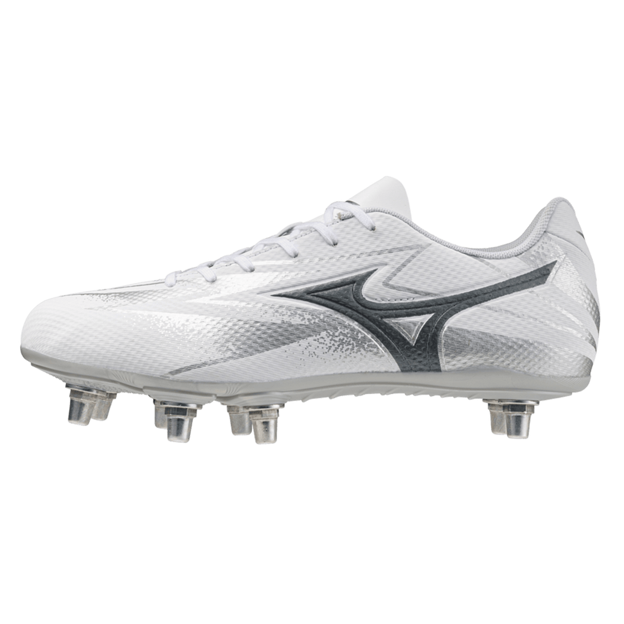 The Mizuno Waitangi Pro SG Wide Fit rugby boot by Mizuno features a white and metallic gray design with metal studs and a dark gray logo, ideal for wider feet. Shown on a plain white background.