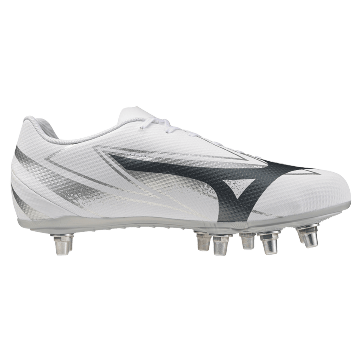 The Mizuno Waitangi Pro SG Wide Fit rugby boot in White/Metallic Gray features a black Mizuno logo, metal studs, and a textured upper for soft ground performance—shown from the side against a white background.
